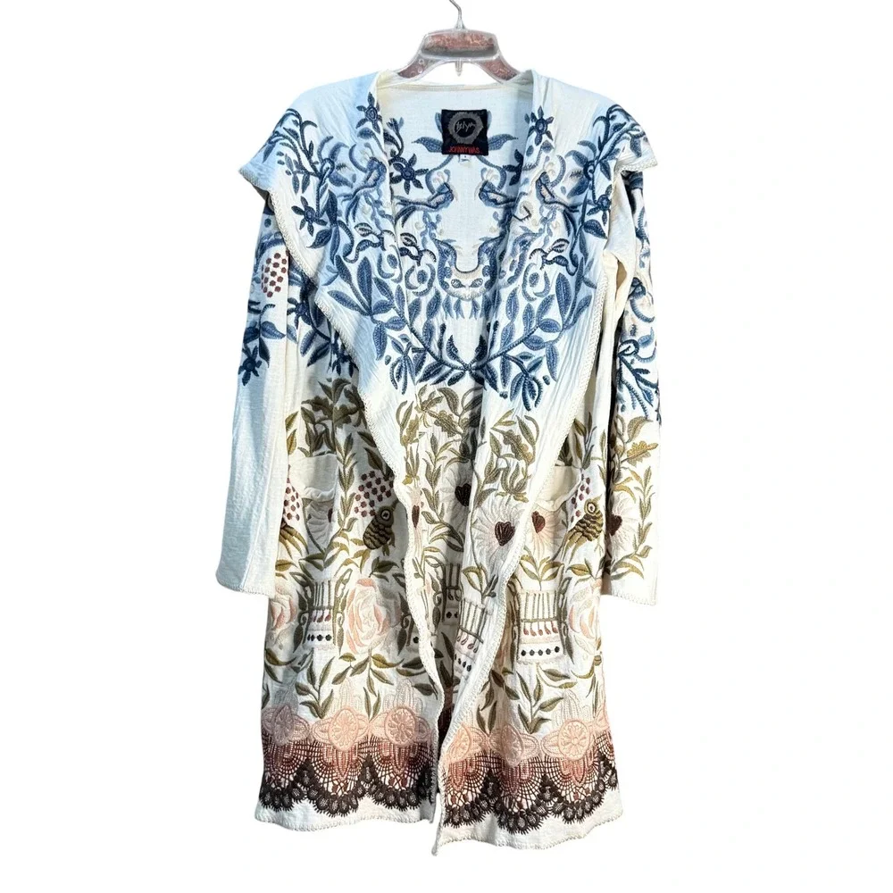 Biya Johnny Was Teresa Embroidered Hooded Cardigan Duster Ecru Bird Floral Small